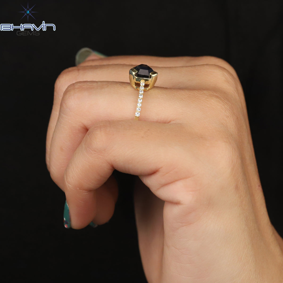 Hexagon Diamond Salt And Pepper Diamond Natural Diamond Ring Gold Ring Engagement Ring