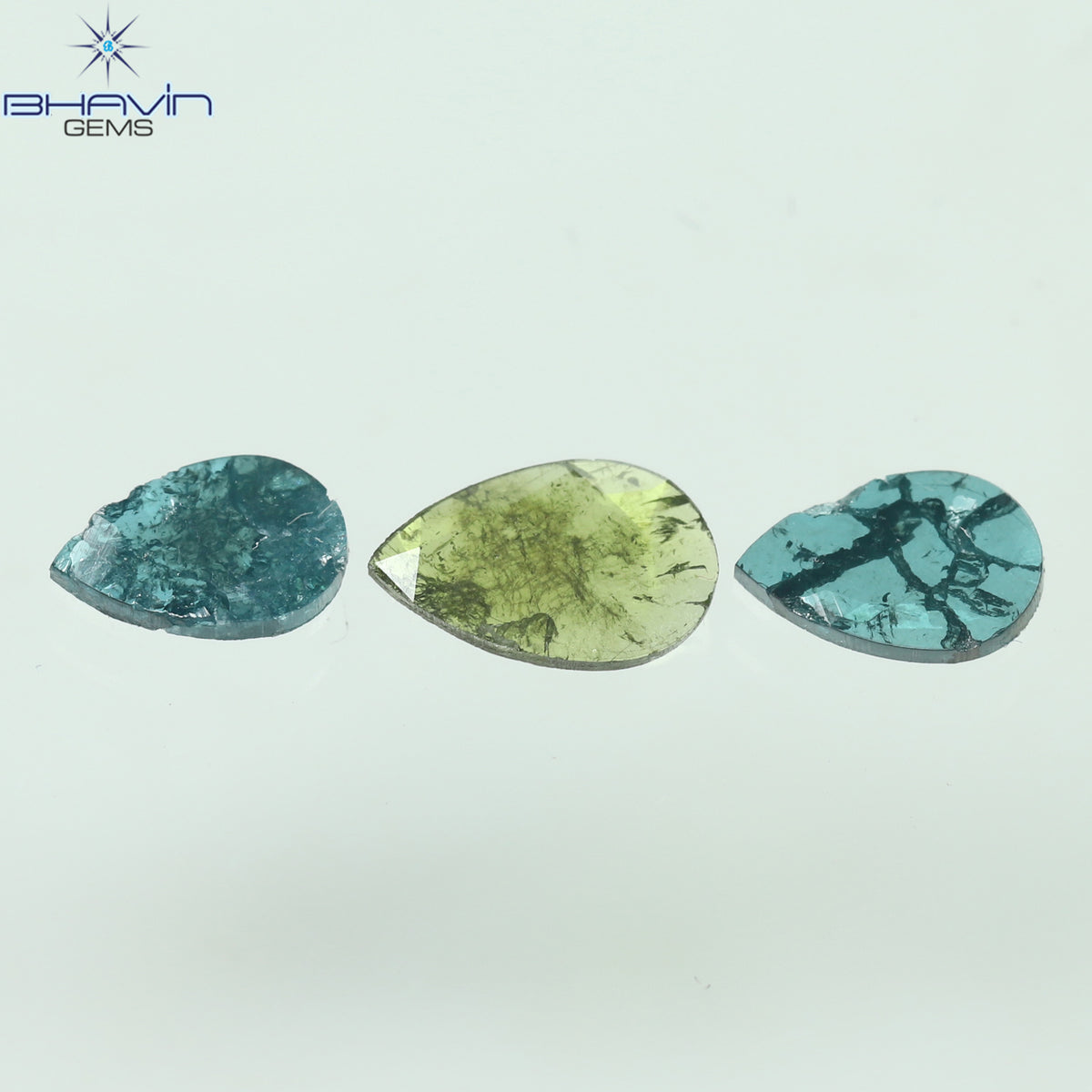 0.71 CT/3 ピース ペアシェイプ ナチュラル ダイヤモンド グリーン ブルー カラー I3 クラリティ (7.04 MM)