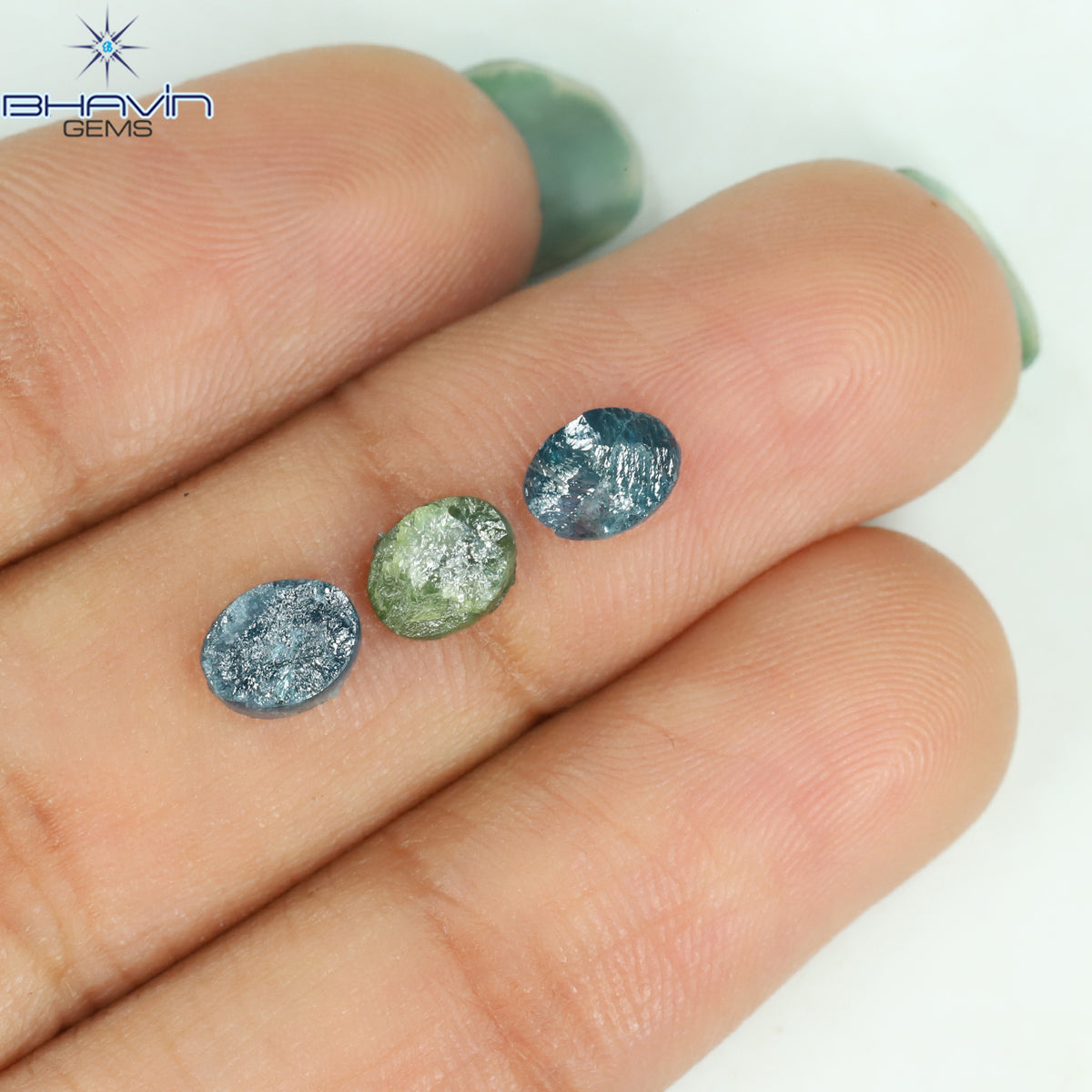 1.36 CT/3 Pcs Natural Oval Rough Diamond Enhanced Blue Green Color Clarity I3 (6.70 MM)