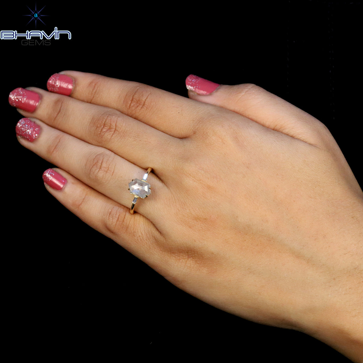 Hexagon Diamond Salt And Pepper Diamond Natural Diamond Ring Gold Ring Engagement Ring