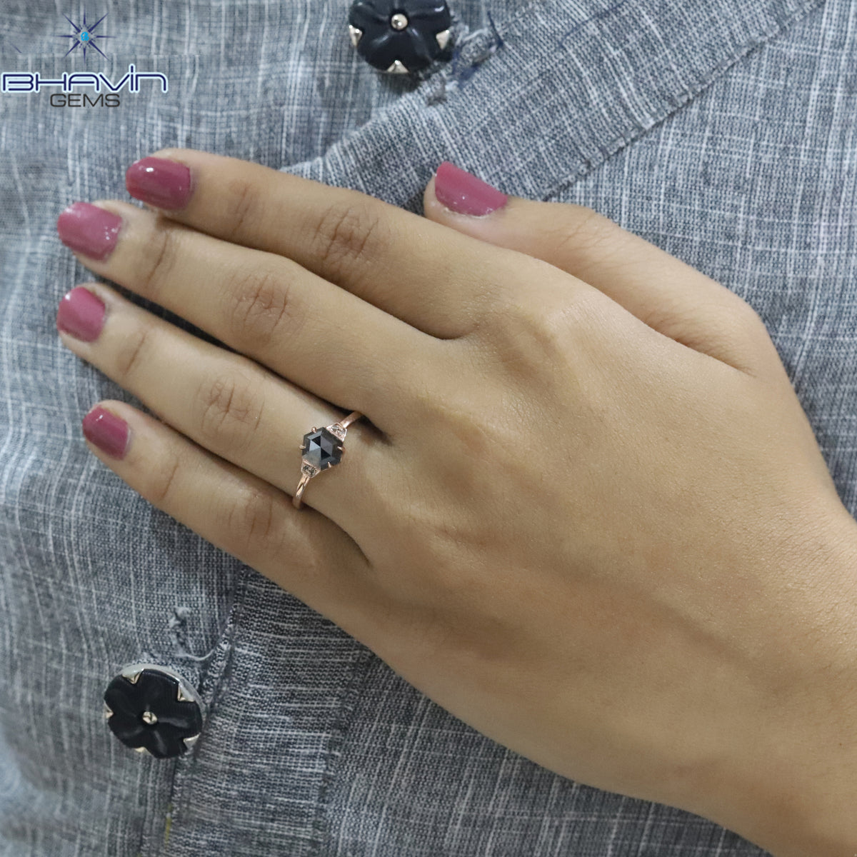 Hexagon Diamond Natural Diamond Ring Salt And Papper Diamond Gold Ring Engagement
