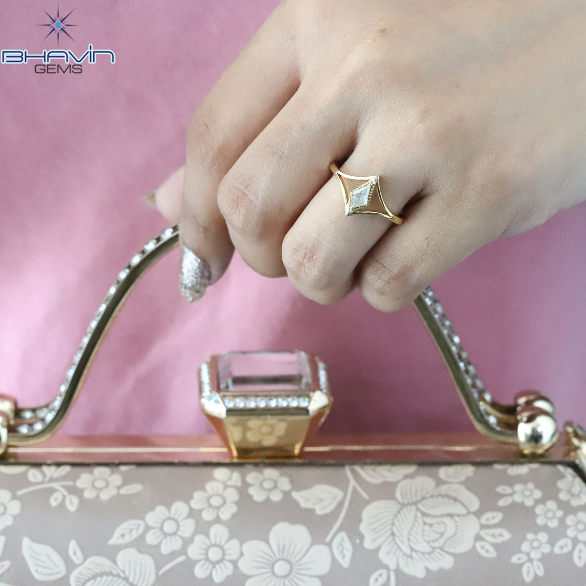 Natural Kite Cut Salt & Pepper Diamond Geometric Solitaire Ring