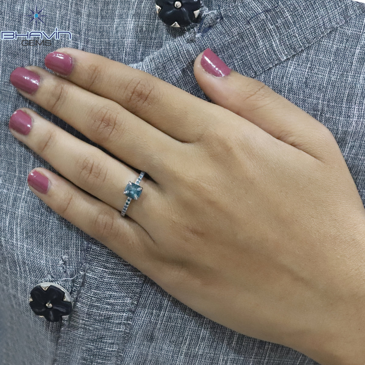 Square Emerald Diamond Blue Color Natural Diamond Ring Engagement Ring