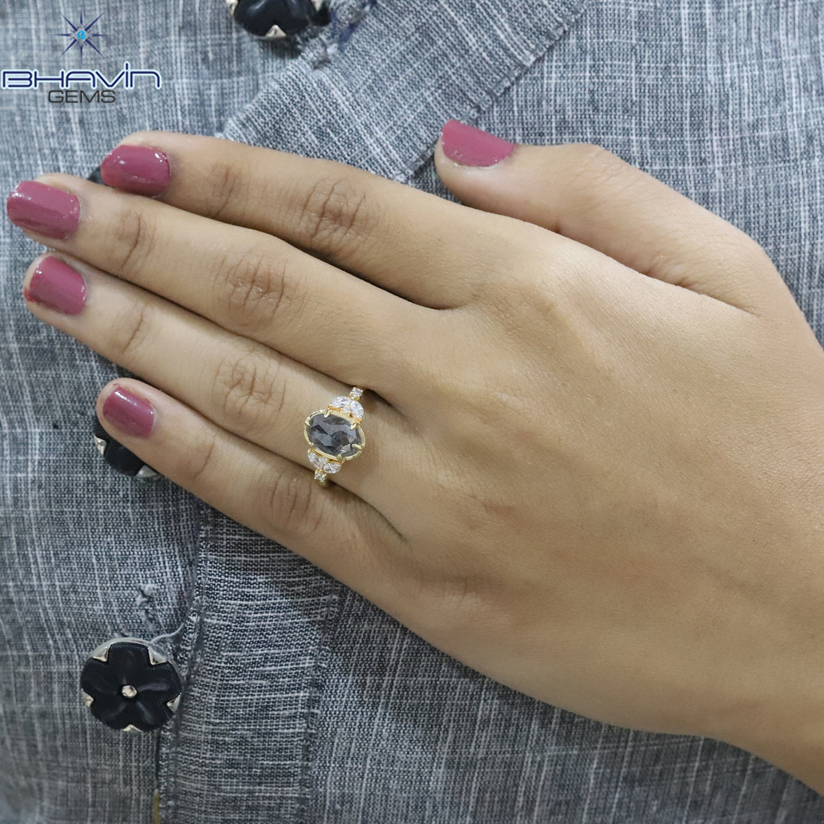 Oval Diamond Natural Diamond Ring Salt And Papper Diamond Gold Ring Engagement