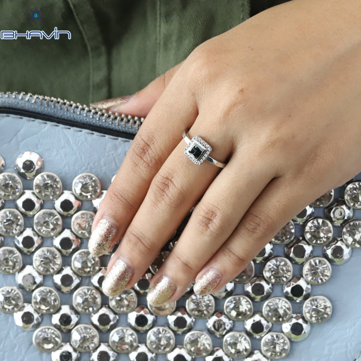 Natural Midnight Blue Cushion Cut Halo Ring