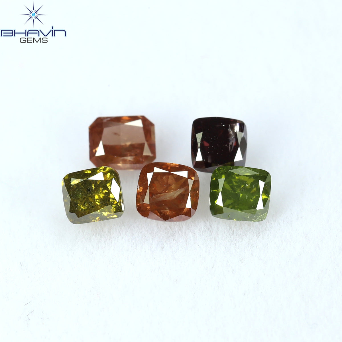 0.82CT/5ピース クッションシェイプ 天然ダイヤモンド ピンクグリーン色 SI2 クラリティ (3.46mm)