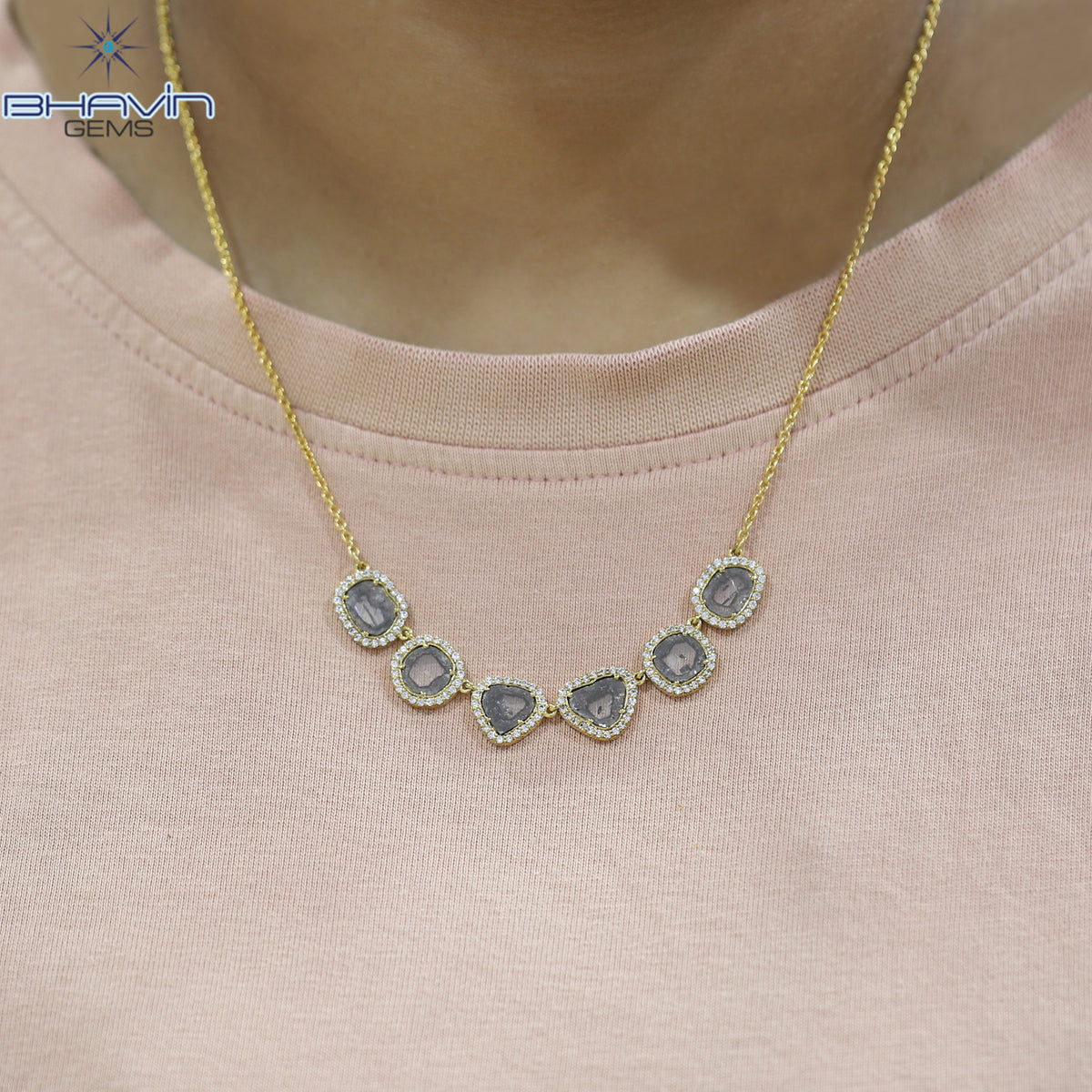 Slice Rose Cut Diamond Pendant, Salt And Pepper Diamond, Yellow Gold Pendant, Bridal Necklace