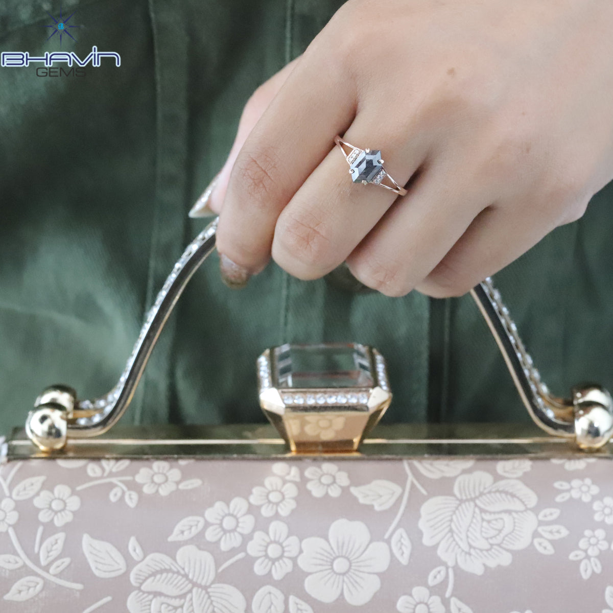 Hexagon Diamond Salt And Pepper Diamond Natural Diamond Ring Gold Ring Engagement Ring