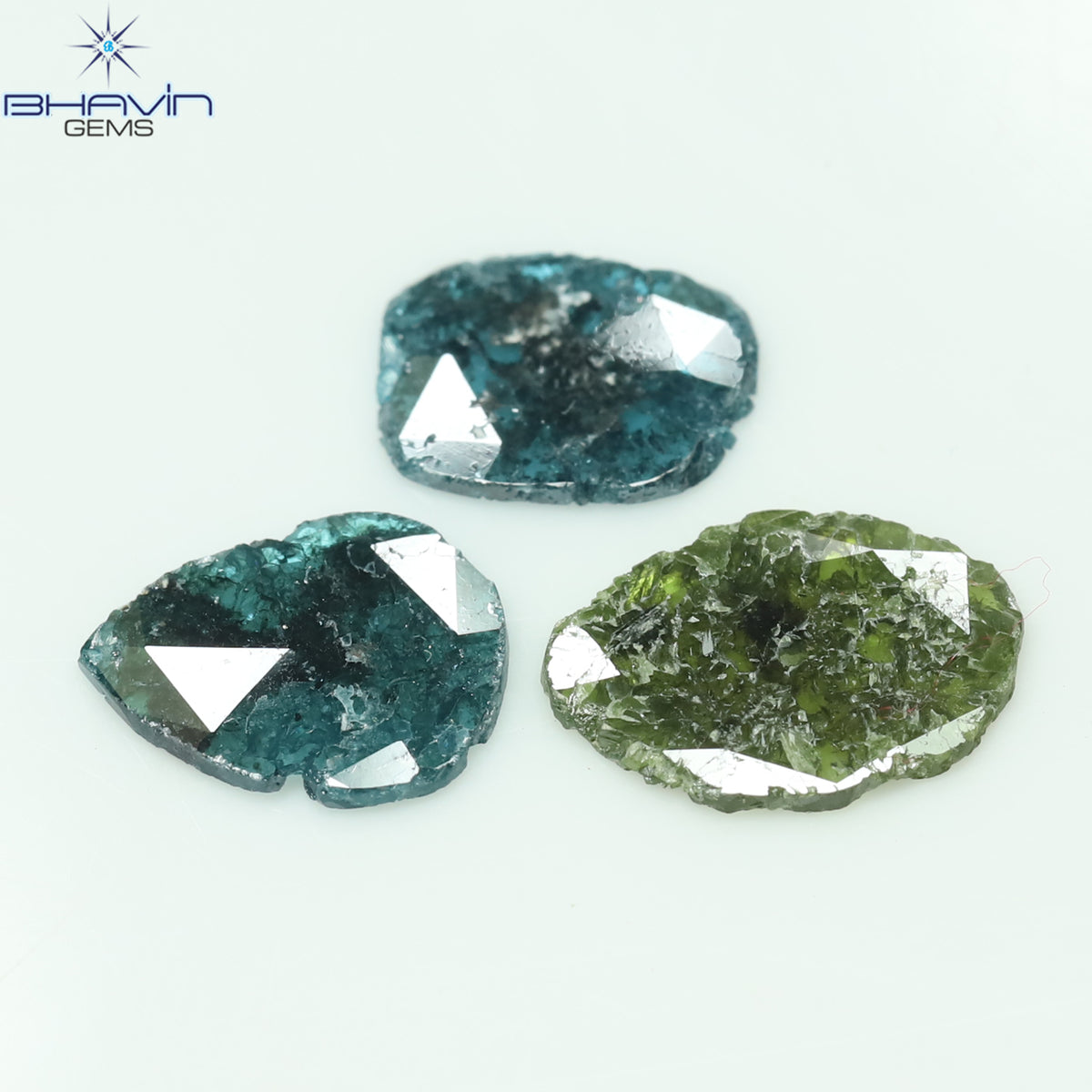 2.14 CT/3 ピース スライス シェイプ ナチュラル ダイヤモンド ブルー グリーン カラー I3 クラリティ (10.56 MM)
