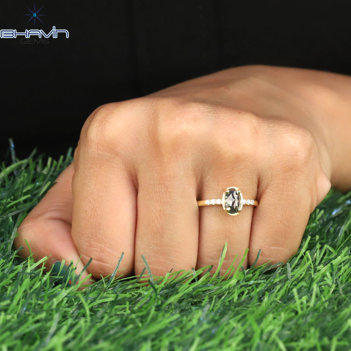 Oval Diamond Natural Diamond Ring Salt And Pepper Color Gold Ring Engagement Ring