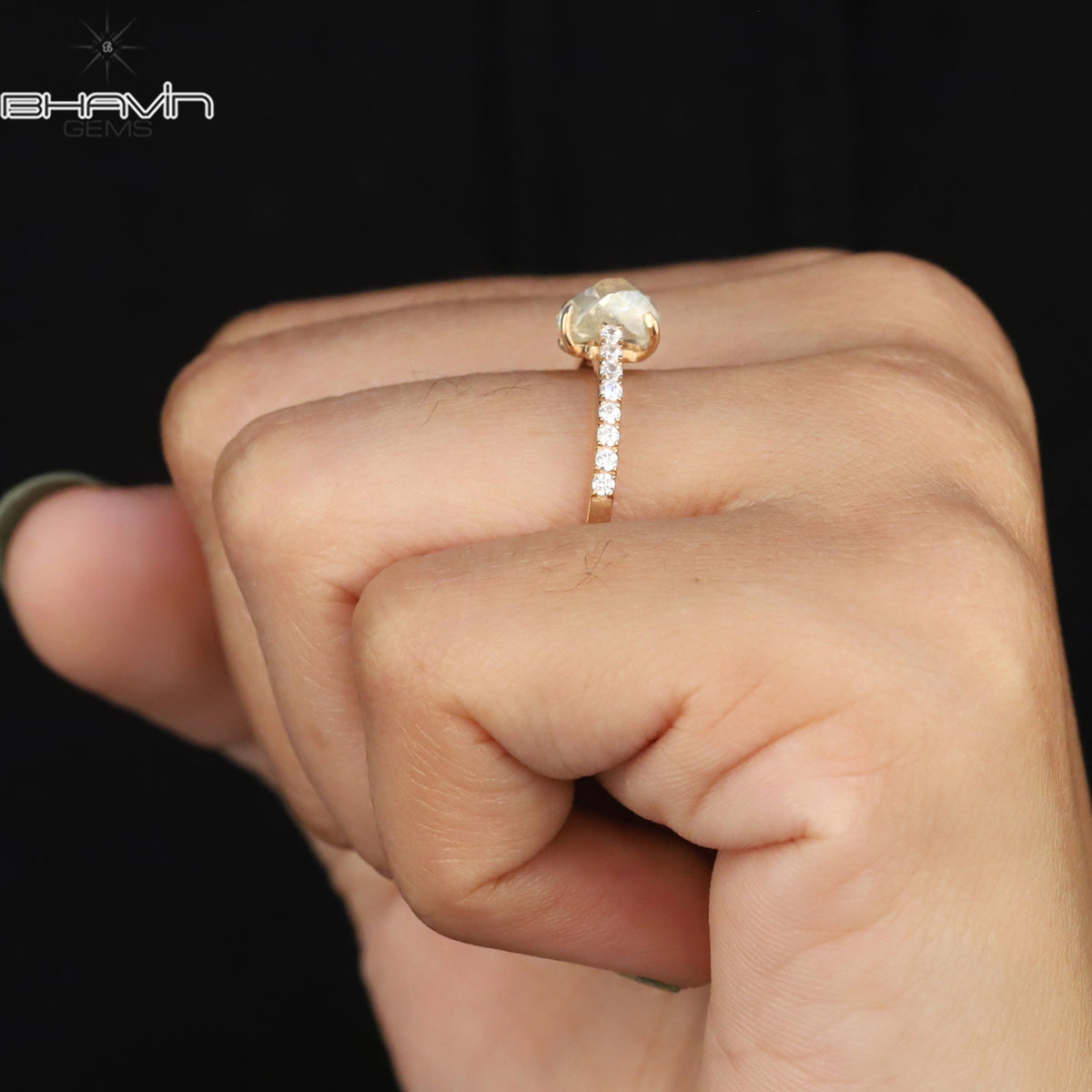 Rough Cut Natural Yellow Diamond Ring with Side Pavé Band Ring