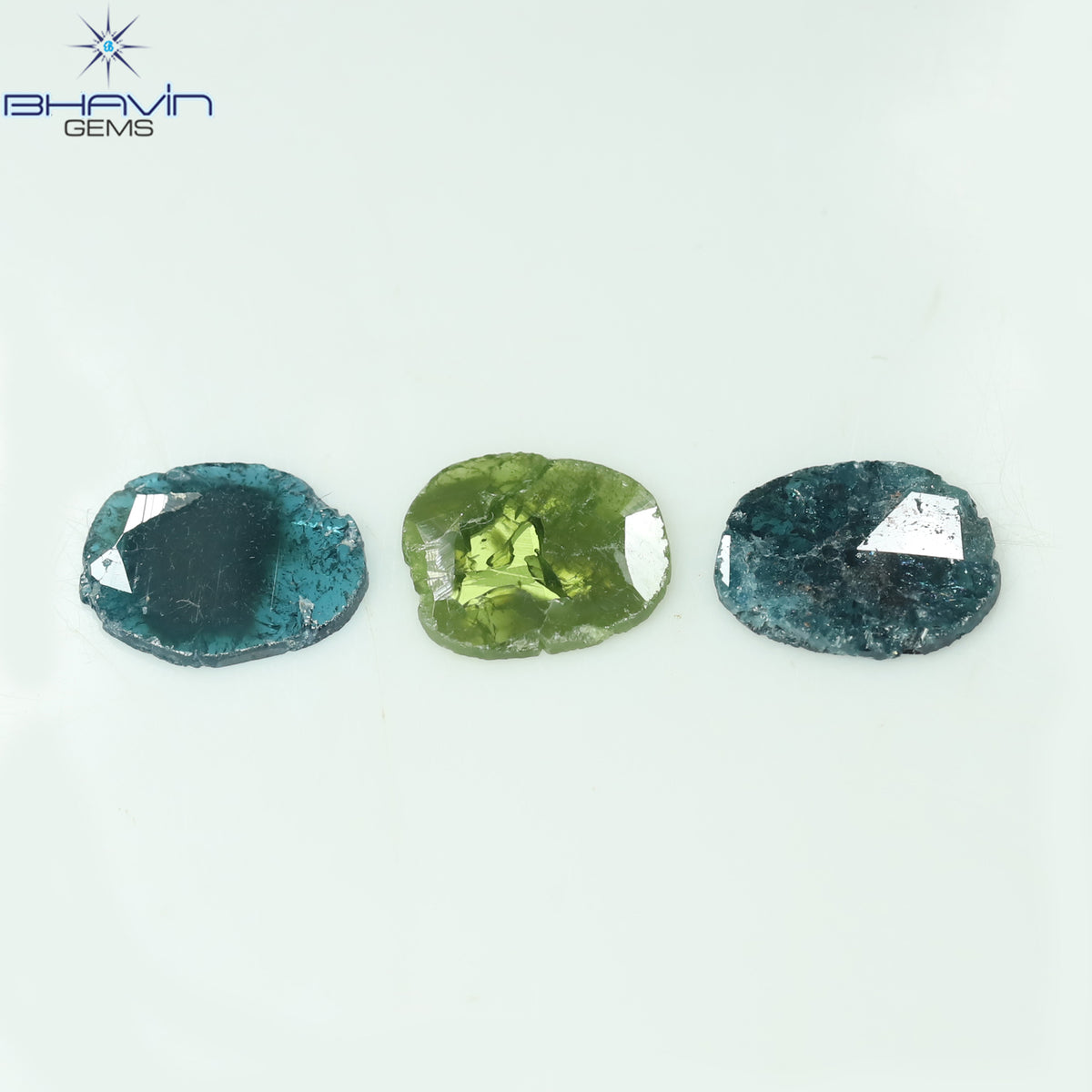 1.71 CT/3 個のスライス形状天然ダイヤモンド ブルー グリーン色 I3 クラリティ (8.01 MM)