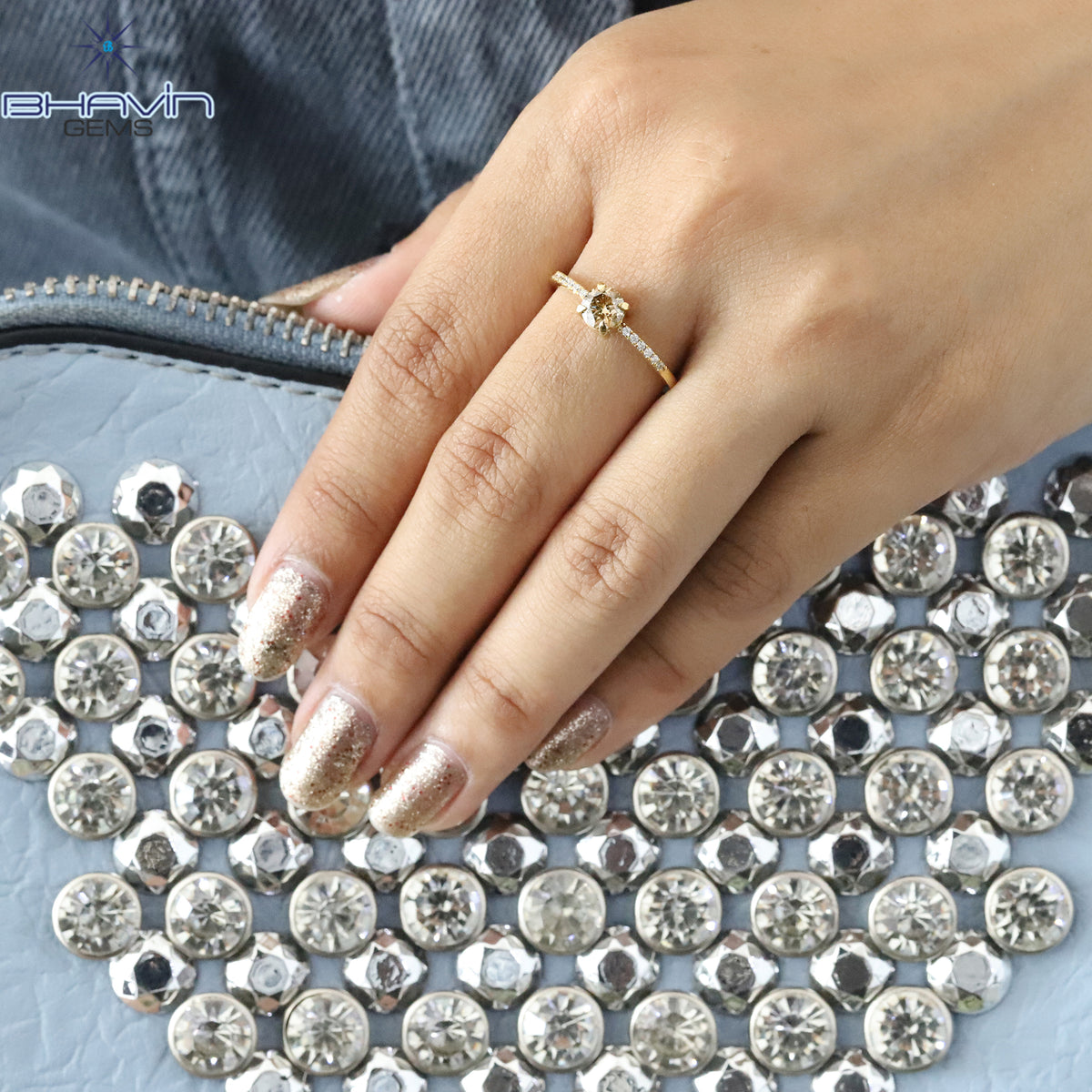 Natural Fancy Champagne Diamond Pave Engagement Ring