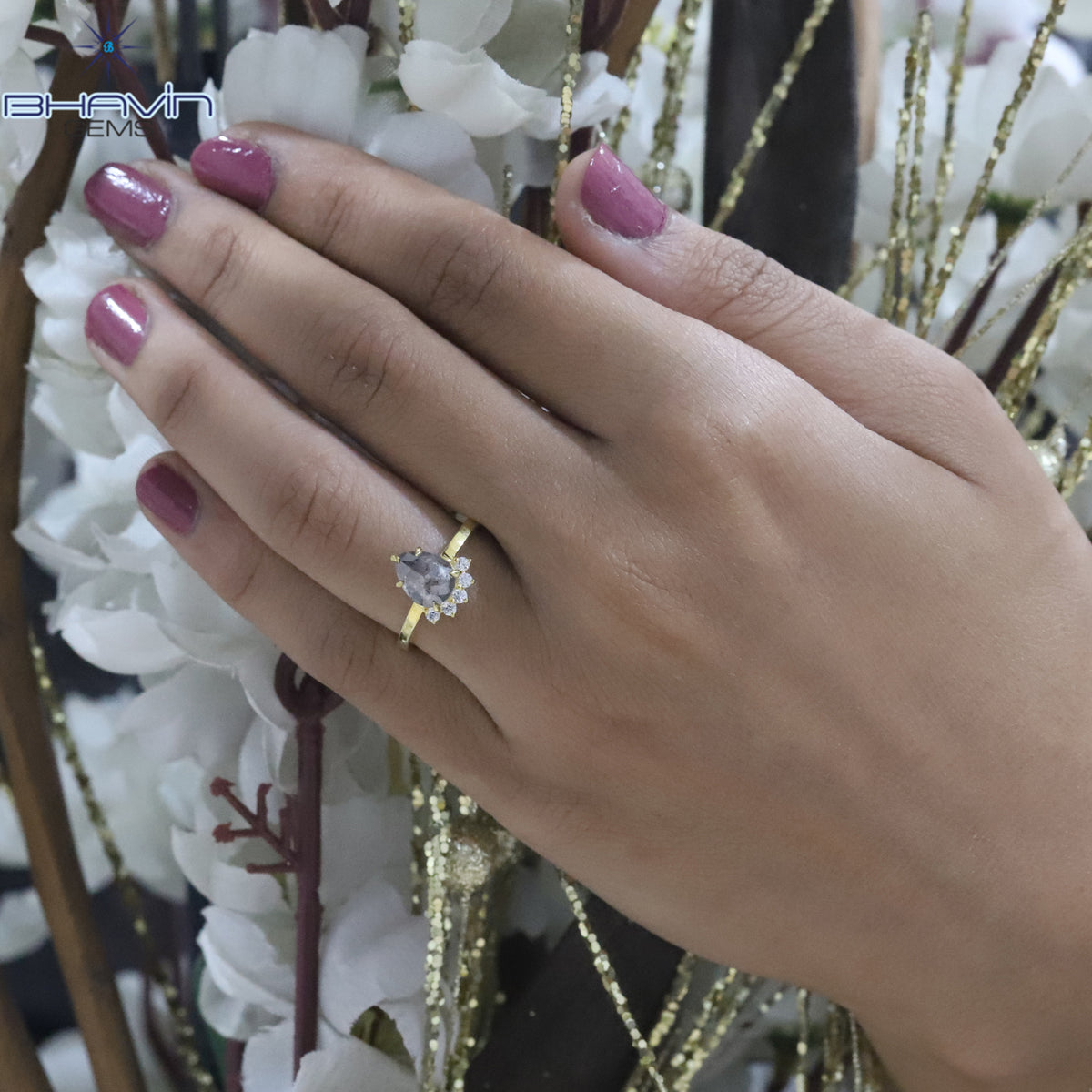 Natural Pear-Shaped Salt and Pepper Diamond Ring with Diamond Tiara Setting