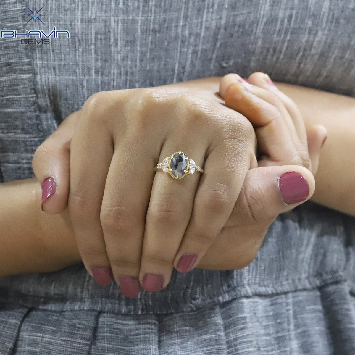 Oval Diamond Natural Diamond Ring Salt And Papper Diamond Gold Ring Engagement