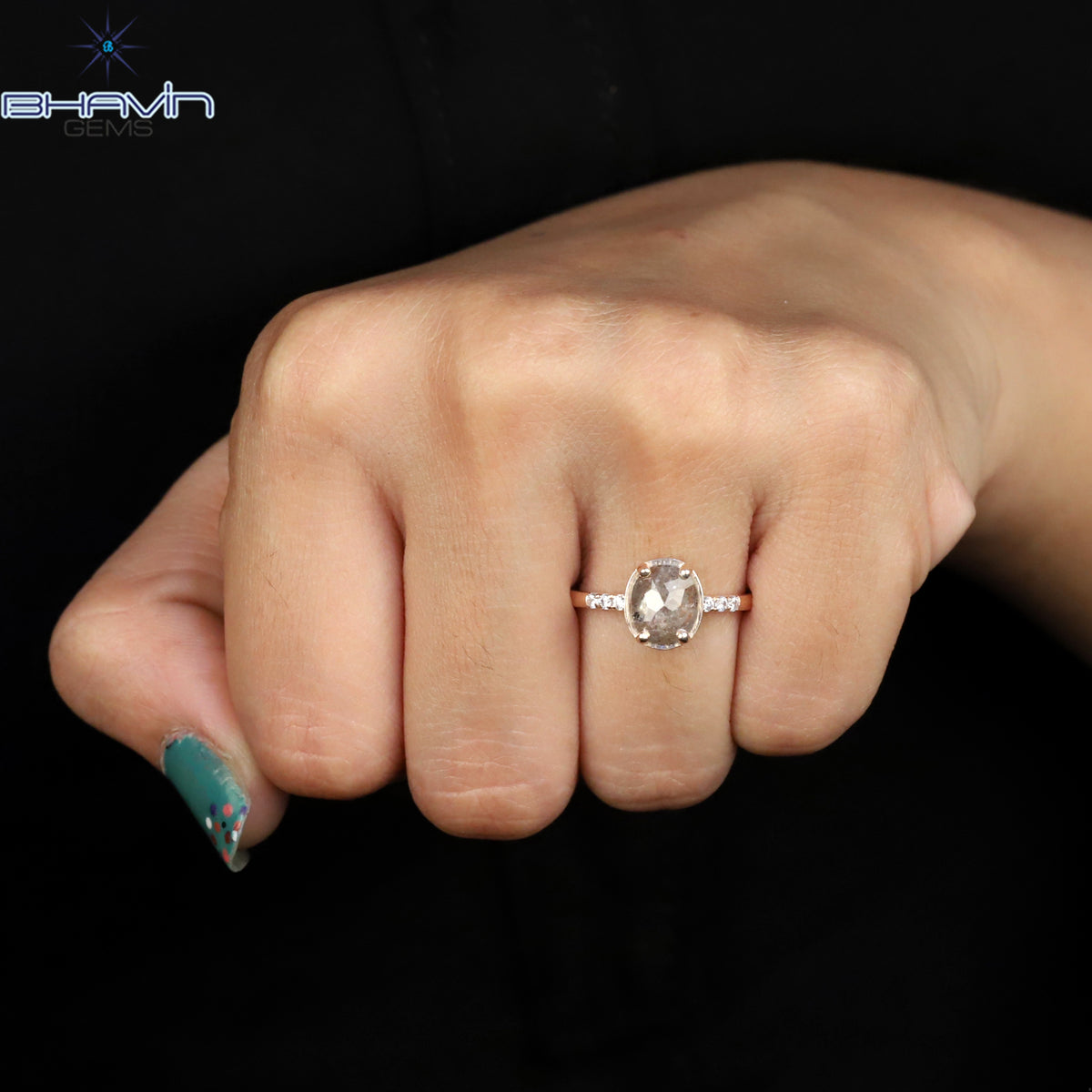 Oval Diamond Natural Diamond Ring Salt And Pepper Color Gold Ring Engagement Ring