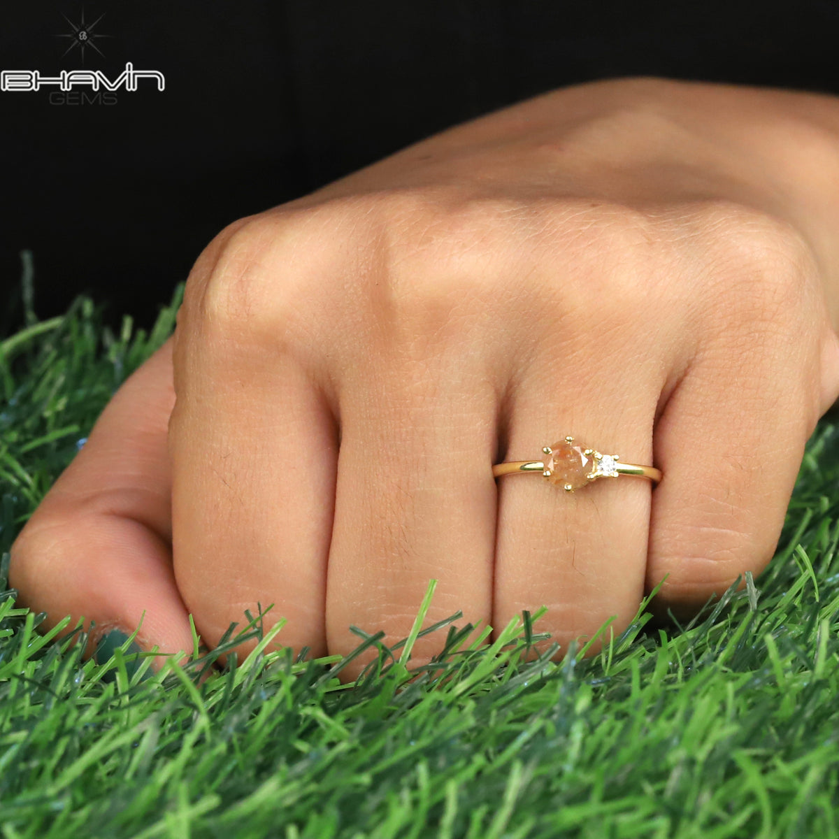 Round Diamond Natural Diamond Ring Yellow Brown Diamond Gold Ring Engagement