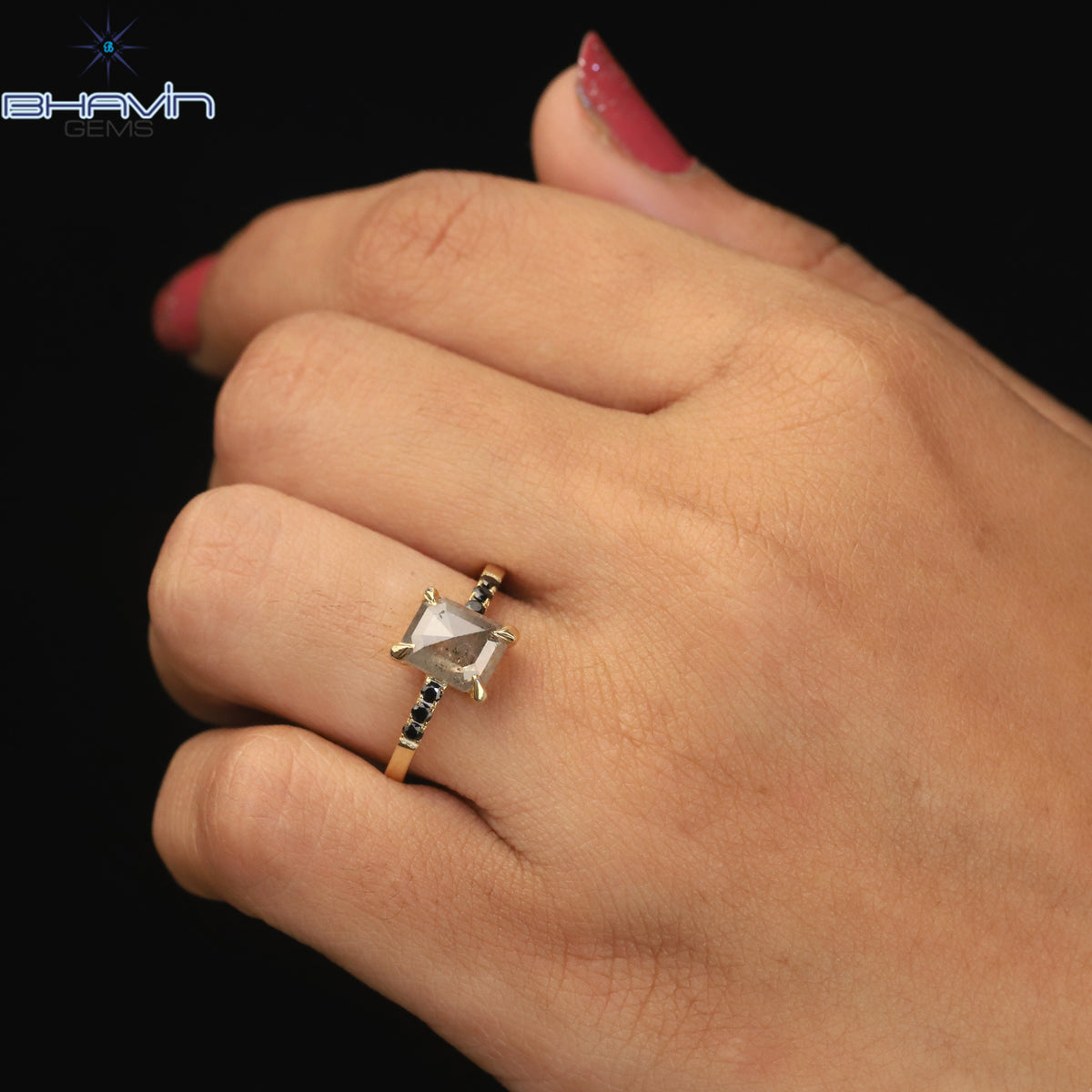 Square Emerald Diamond Salt And Pepper Diamond Natural Diamond Ring Gold Ring Engagement Ring