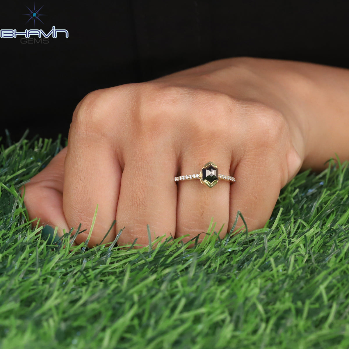 Hexagon Diamond Salt And Pepper Diamond Natural Diamond Ring Gold Ring Engagement Ring