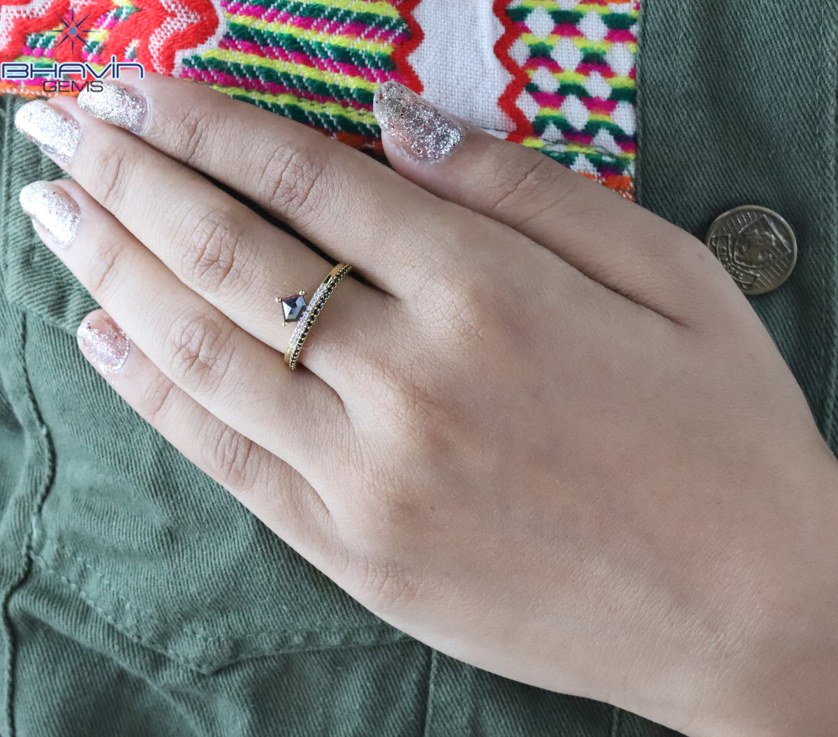 Natural Pentagon Shape Diamond Ring Set with Matching Band
