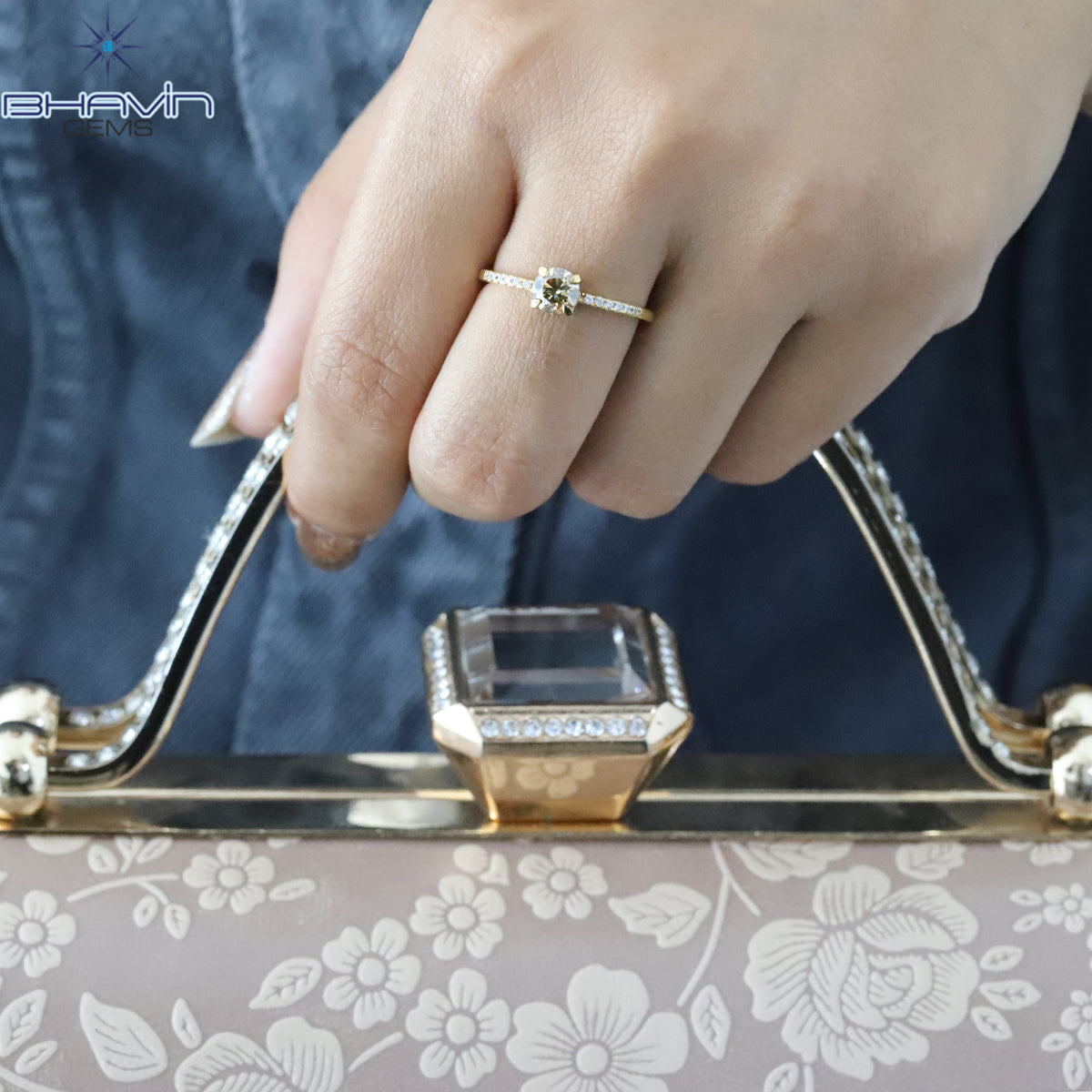 Natural Fancy Champagne Diamond Pave Engagement Ring