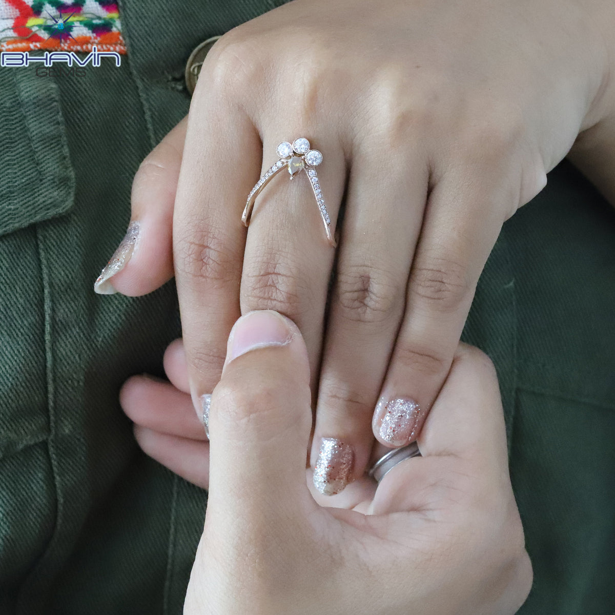 Natural Unique Pear Brown Yellow Curved Diamond Cluster Wedding Band in Rose Gold