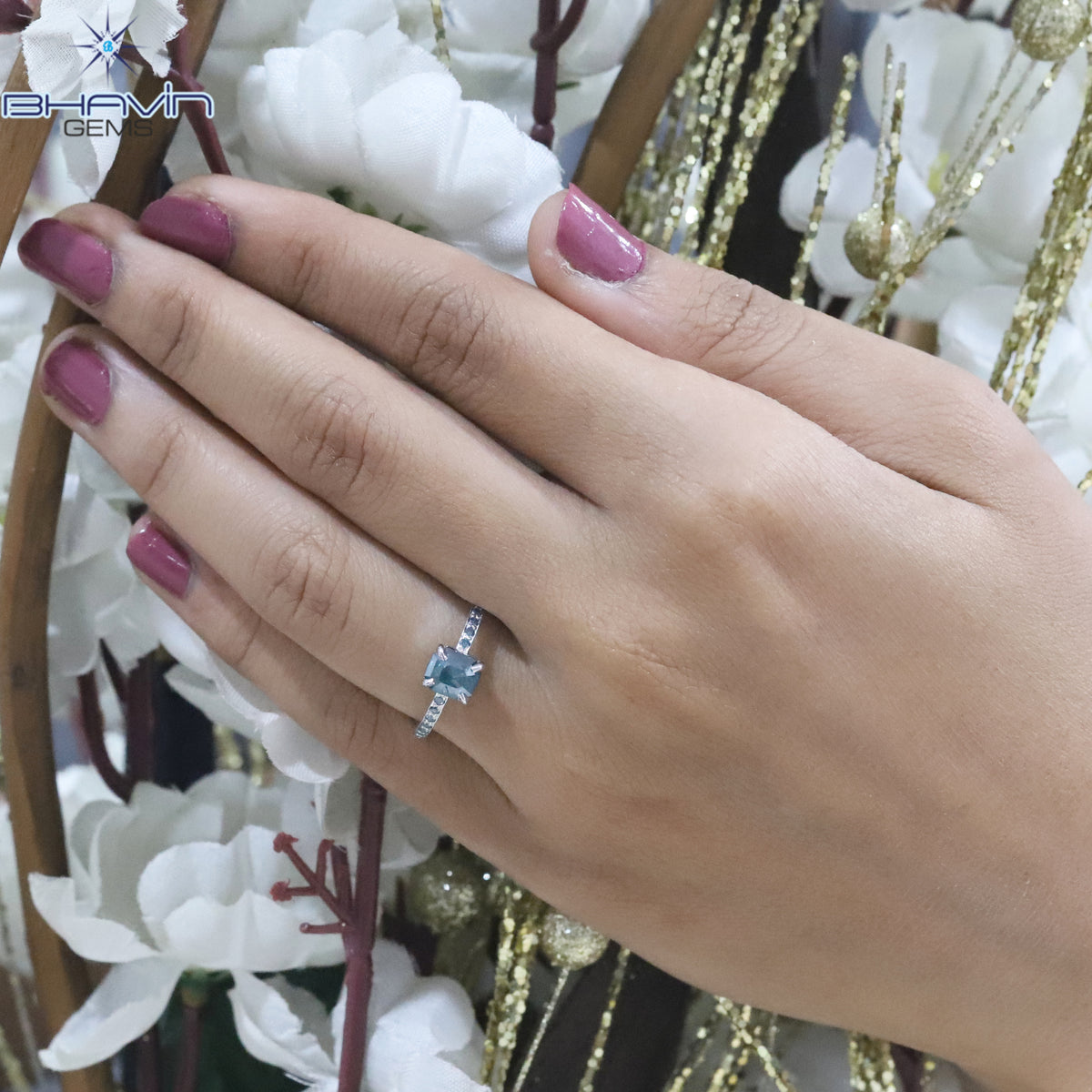 Square Emerald Diamond Blue Color Natural Diamond Ring Engagement Ring