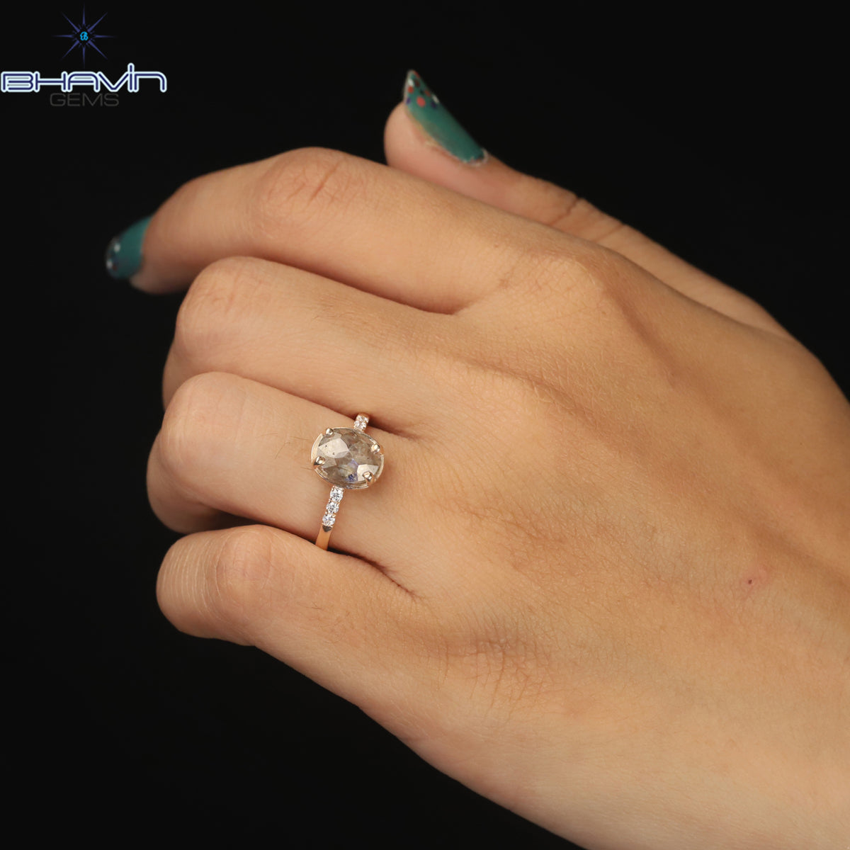 Oval Diamond Natural Diamond Ring Salt And Pepper Color Gold Ring Engagement Ring