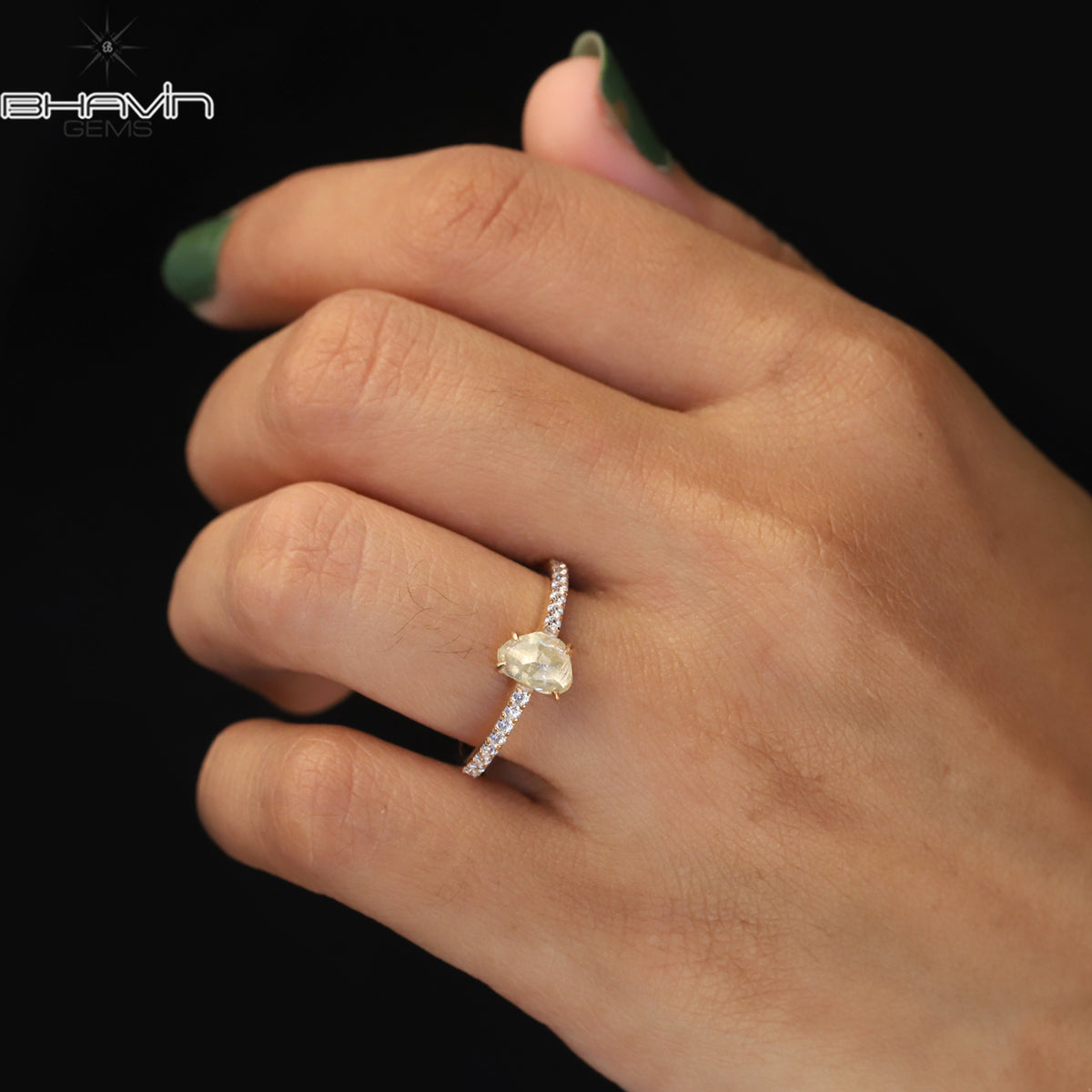 Rough Cut Natural Yellow Diamond Ring with Side Pavé Band Ring