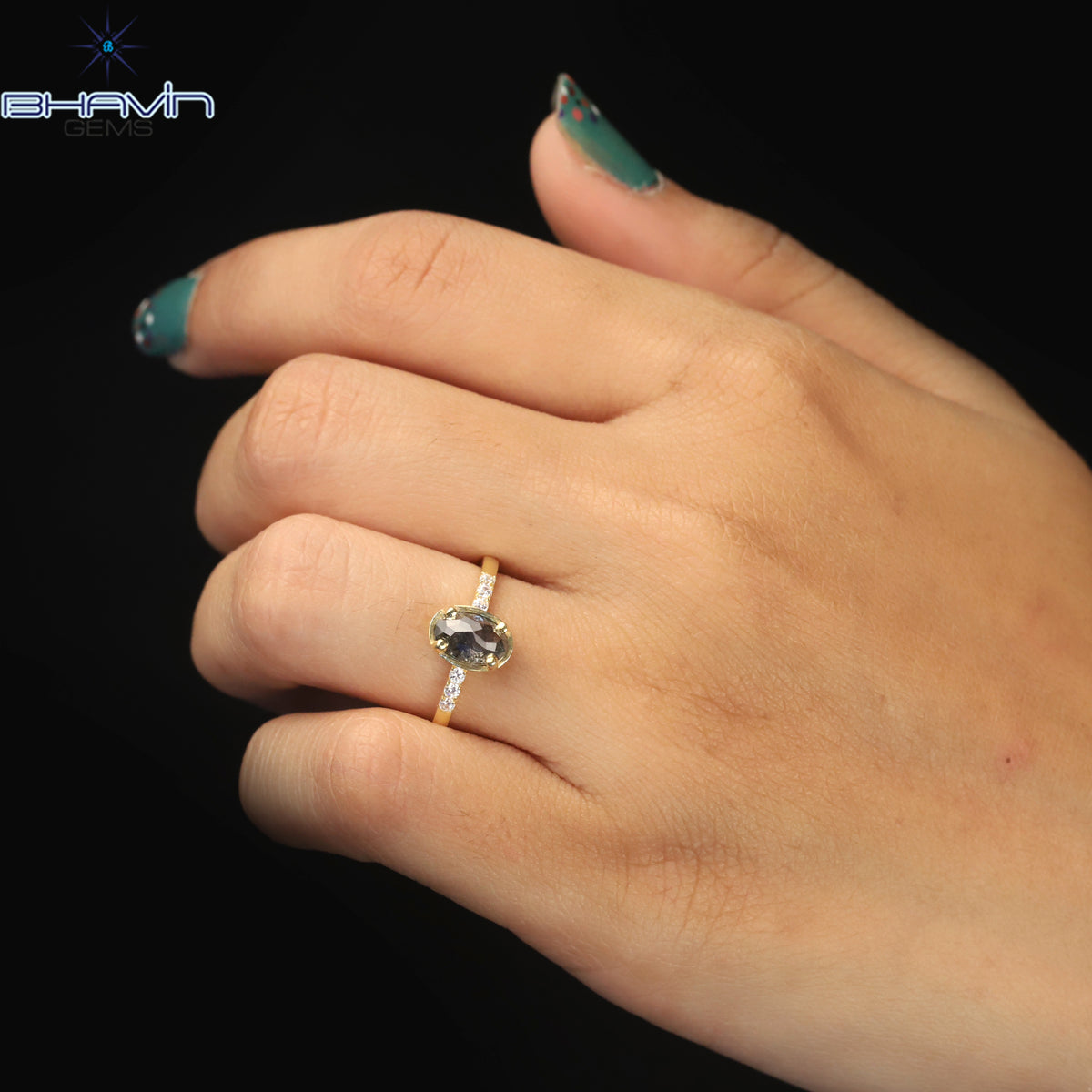 Oval Diamond Natural Diamond Ring Salt And Pepper Color Gold Ring Engagement Ring