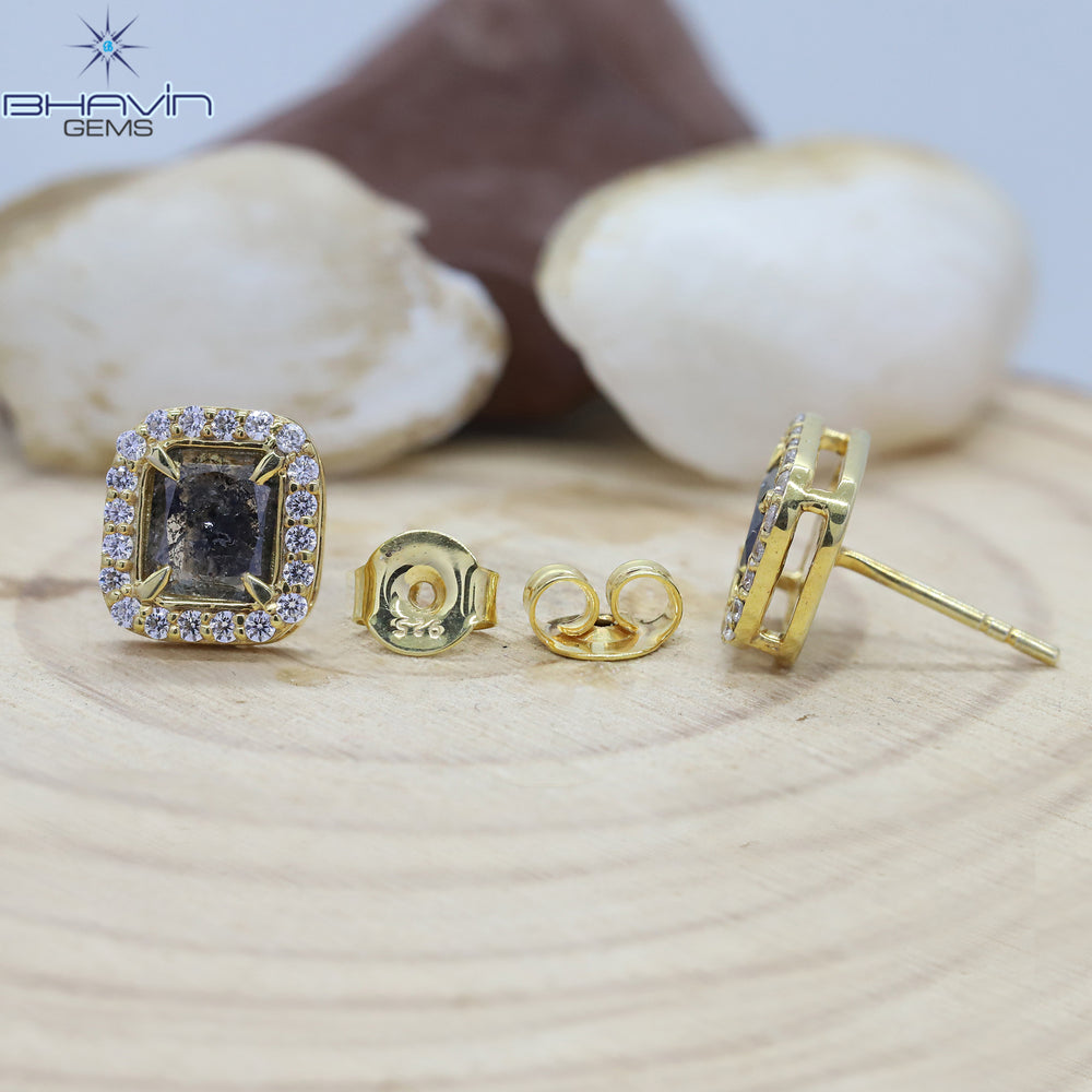 Yellow Gold Stud Earring Emerald Diamond Blue Diamond Natural Diamo