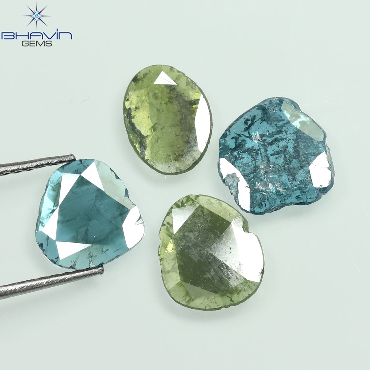 2.09 CT/4 Pcs Natural Slice Diamond Enhanced Blue Green Color Clarity I3 (8.87 MM)