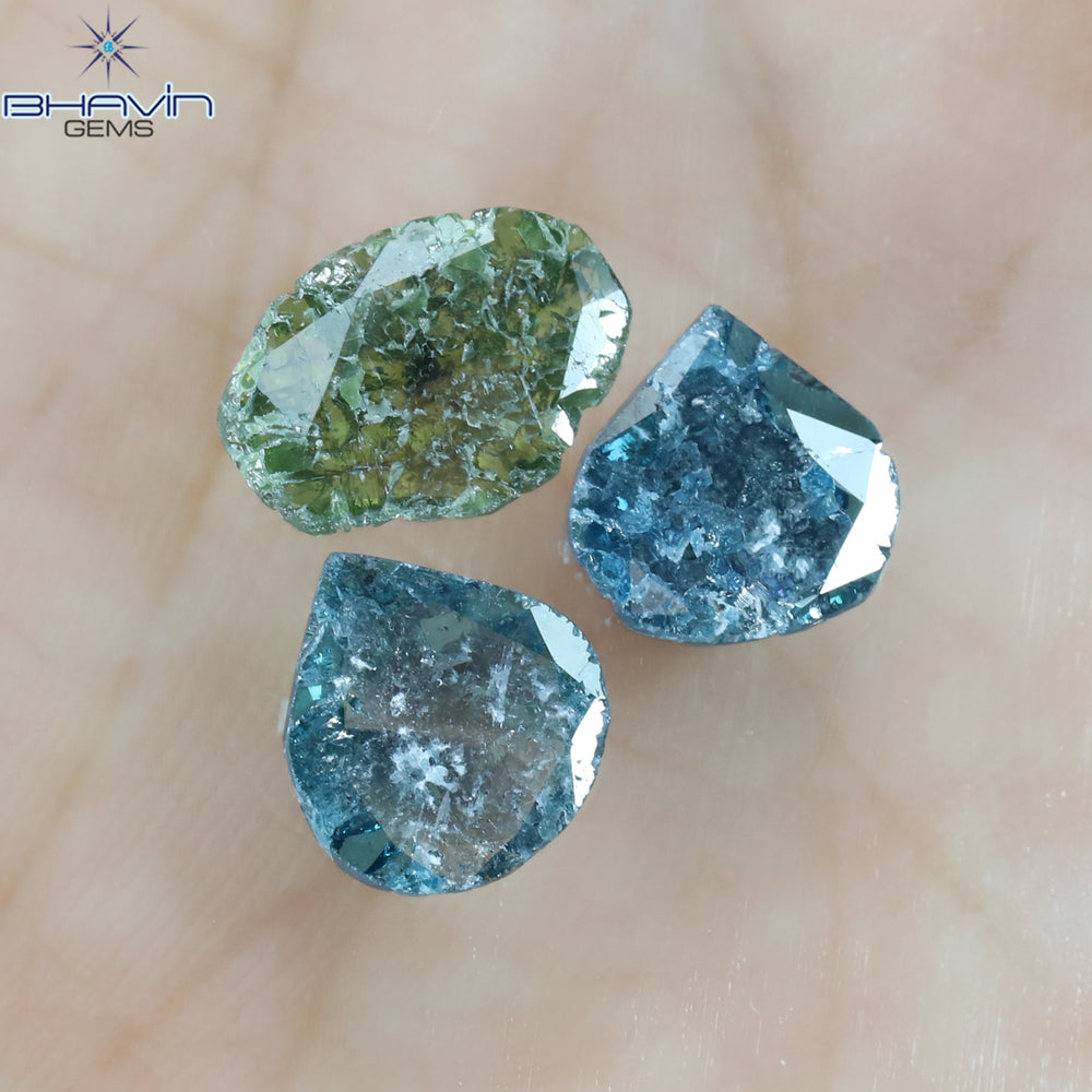 1.96 CT/3 個のスライス形状天然ダイヤモンド ブルー グリーン色 I3 クラリティ (10.06 MM)