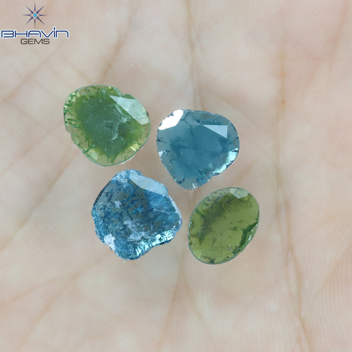2.09 CT/4 Pcs Natural Slice Diamond Enhanced Blue Green Color Clarity I3 (8.87 MM)