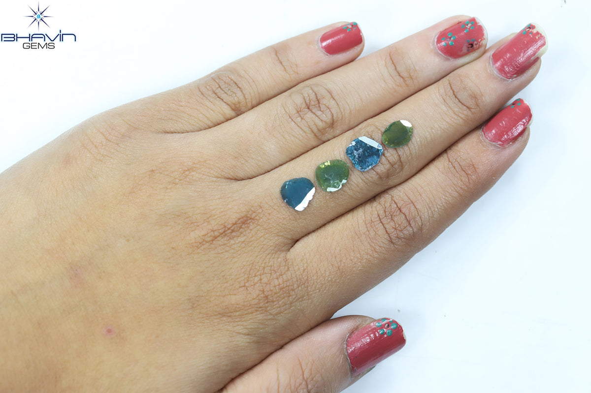2.09 CT/4 Pcs Natural Slice Diamond Enhanced Blue Green Color Clarity I3 (8.87 MM)