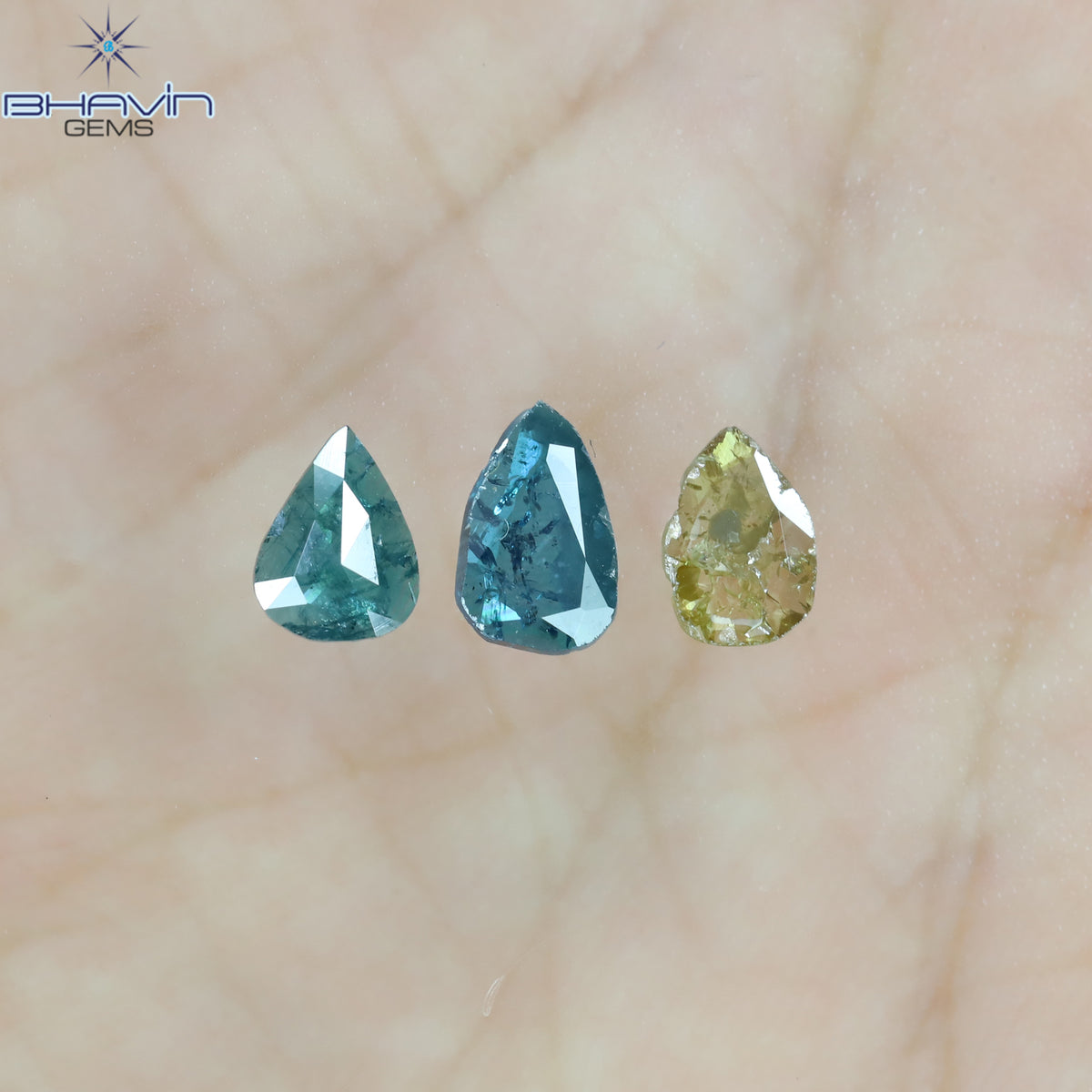 0.82 CT/3 Pcs Natural Slice Diamond Enhanced Blue Yellow Color Clarity I3 (6.97 MM)