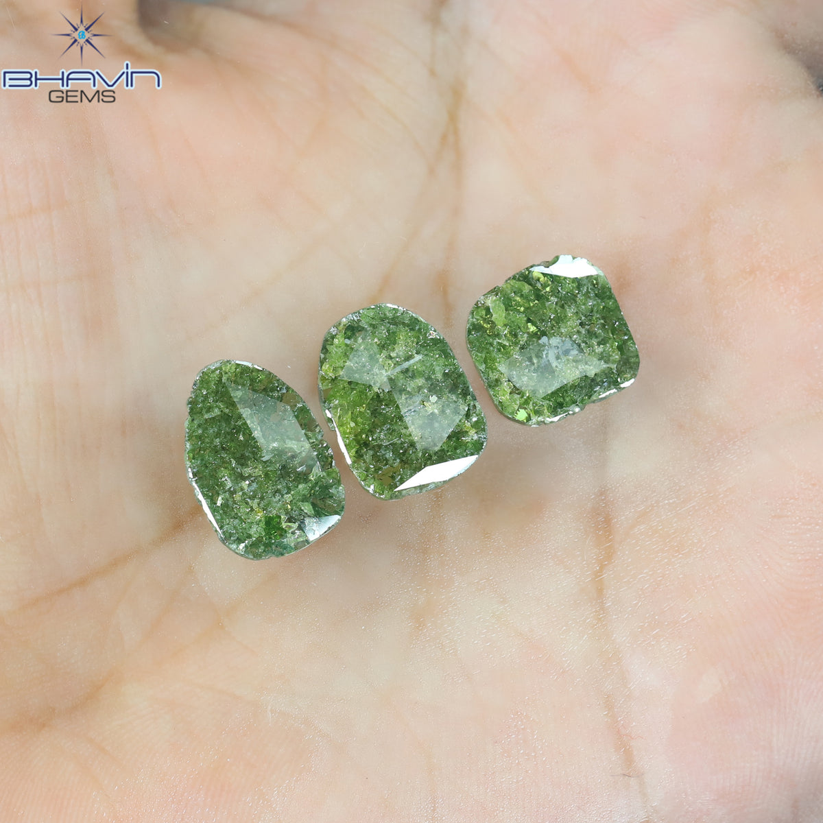 6.64 CT/3 Pcs Natural Slice Diamond Enhanced Green Color Clarity I3 (14.10 MM)