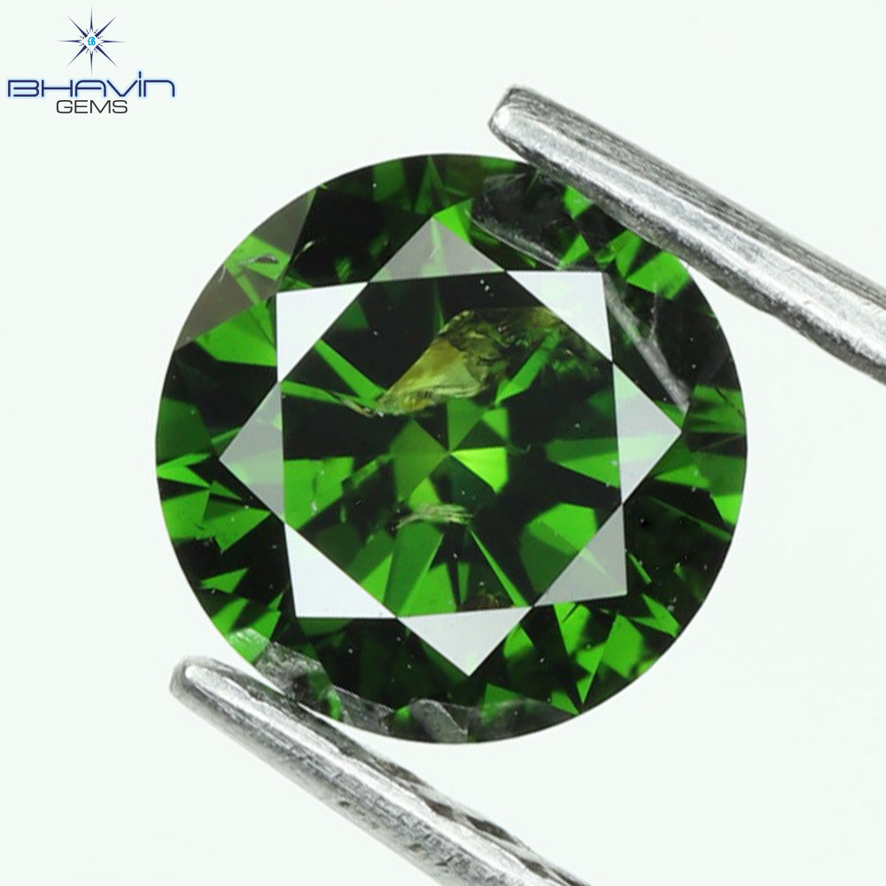 0.43 CT、ラウンド シェイプ ナチュラル ルース ダイヤモンド、グリーン ビビッド カラー、クラリティ I3 (4.85 MM)