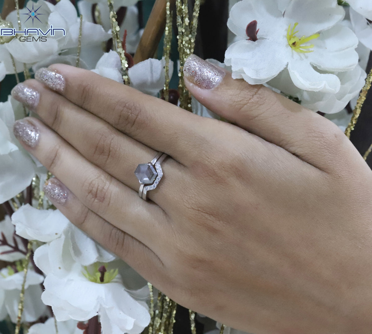 Hexagon Diamond Natural Diamond Ring Gray Color Gold Ring Engagement Ring