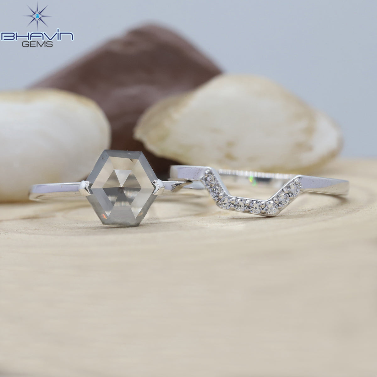 Hexagon Diamond Natural Diamond Ring Gray Color Gold Ring Engagement Ring
