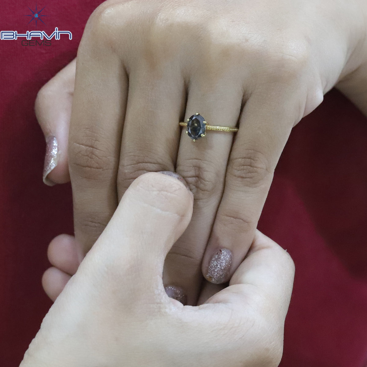Natural Grey Oval Diamond Engagement Ring with Milgrain Band
