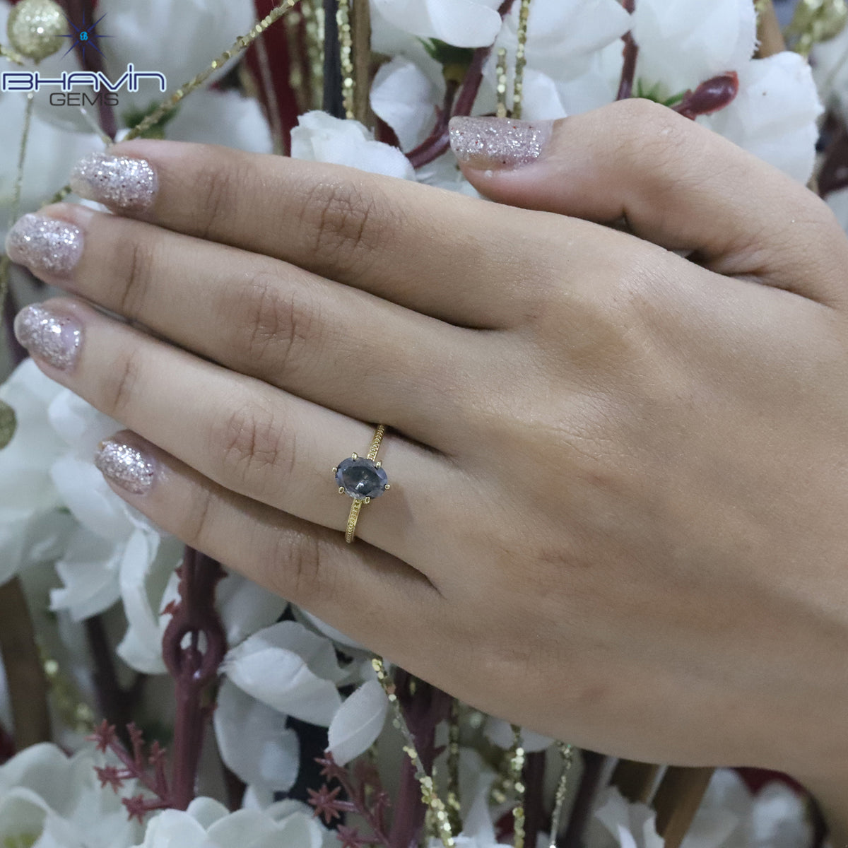 Natural Grey Oval Diamond Engagement Ring with Milgrain Band