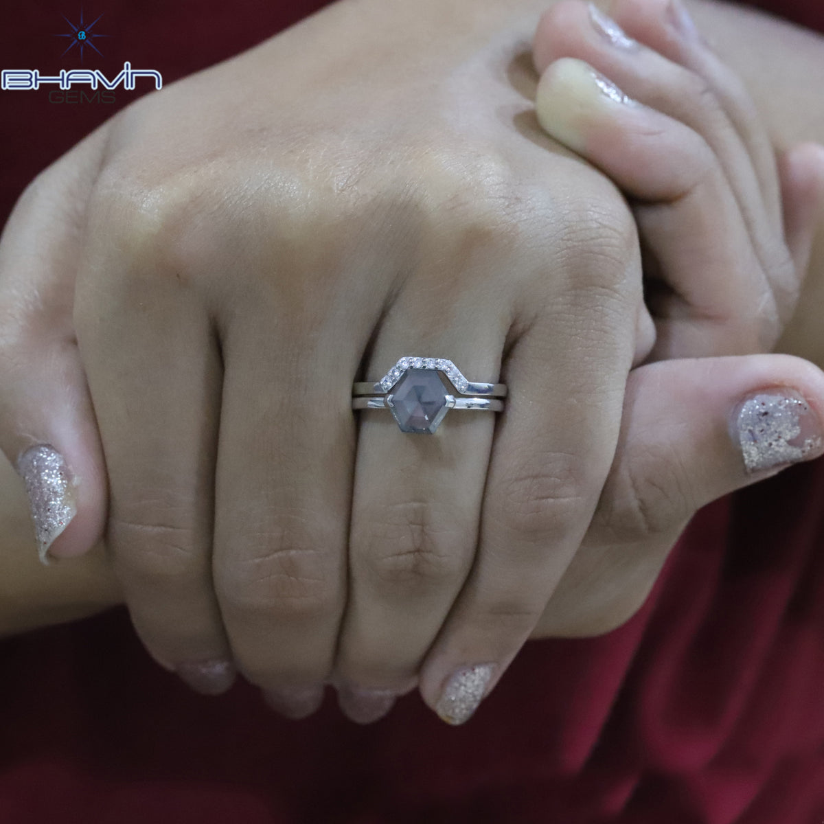Hexagon Diamond Natural Diamond Ring Gray Color Gold Ring Engagement Ring