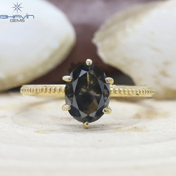 Natural Grey Oval Diamond Engagement Ring with Milgrain Band
