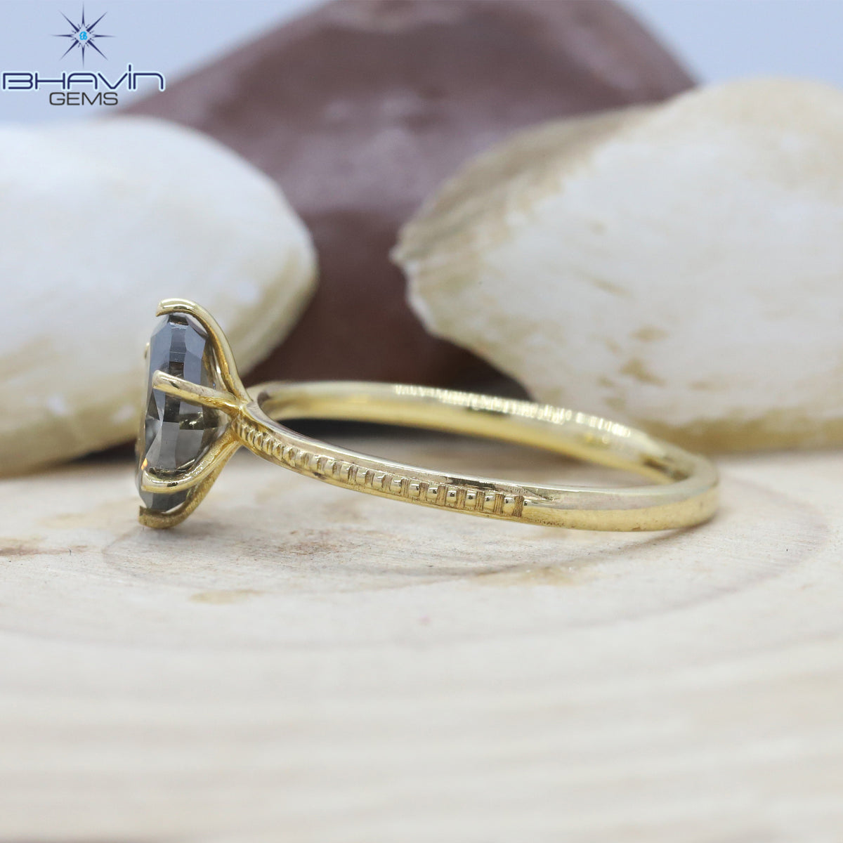 Natural Grey Oval Diamond Engagement Ring with Milgrain Band