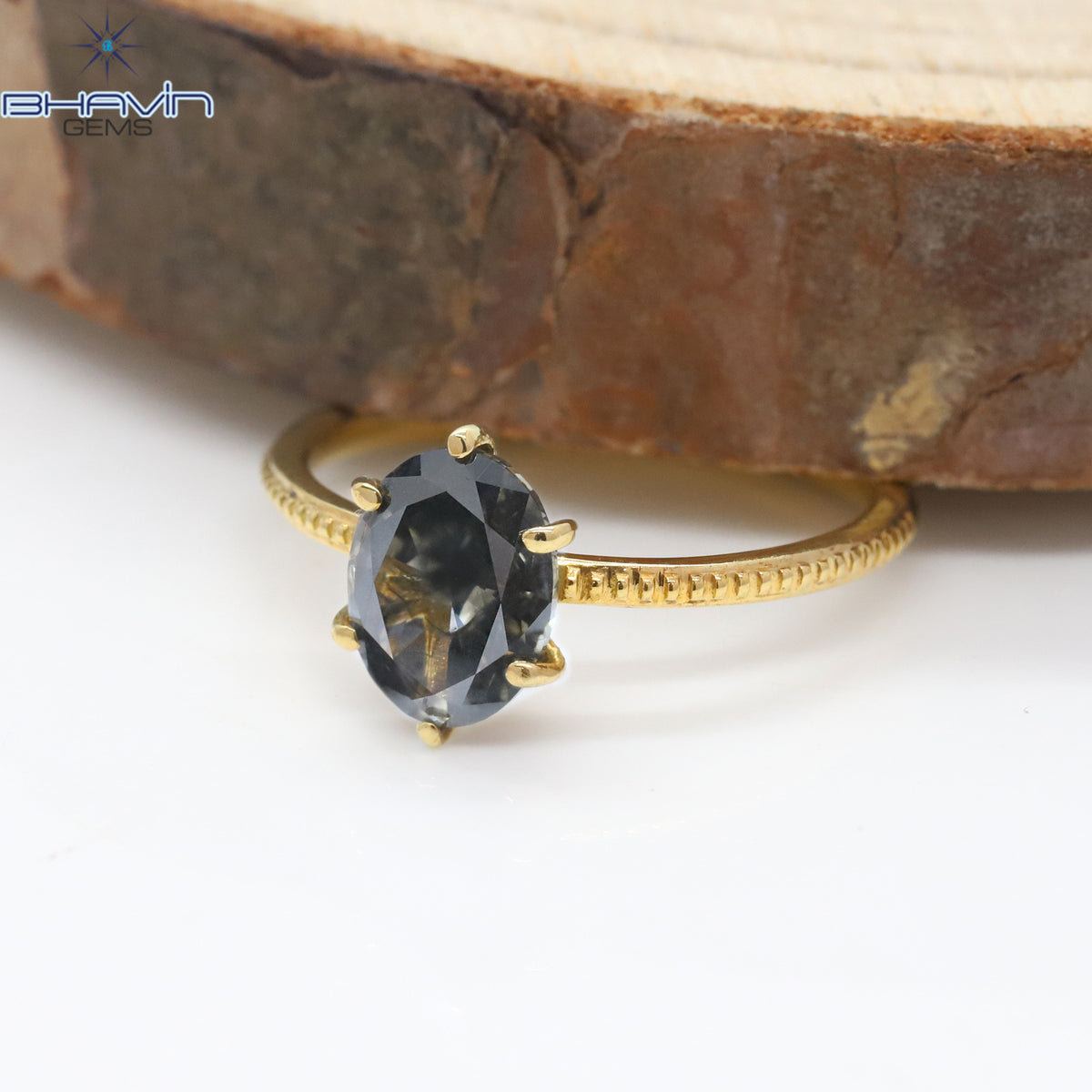 Natural Grey Oval Diamond Engagement Ring with Milgrain Band