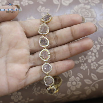 Diamond Bracelet, Slice Rose cut Diamond, Brown Color, Yellow Gold String lock Engagement Wedding Gift