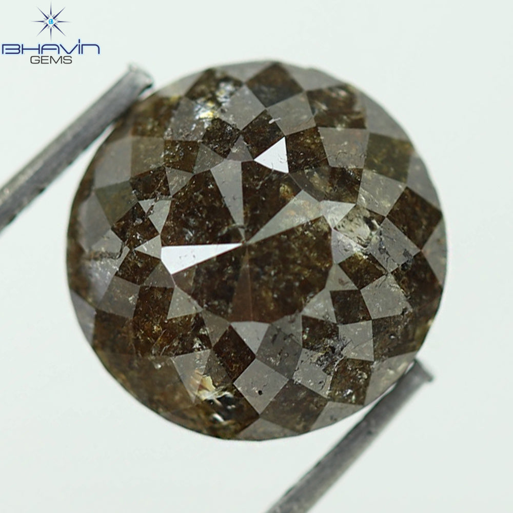 1.87 CT, Round Rose cut Shape Diamond Brown Salt And Pepper Color, Clarity I3,(8.40 MM)