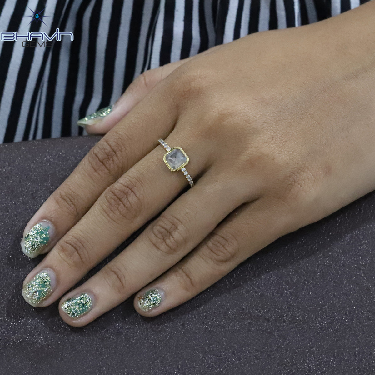 Emerald Diamond Salt And Pepper Diamond Natural Diamond Gold Ring Engagement Ring