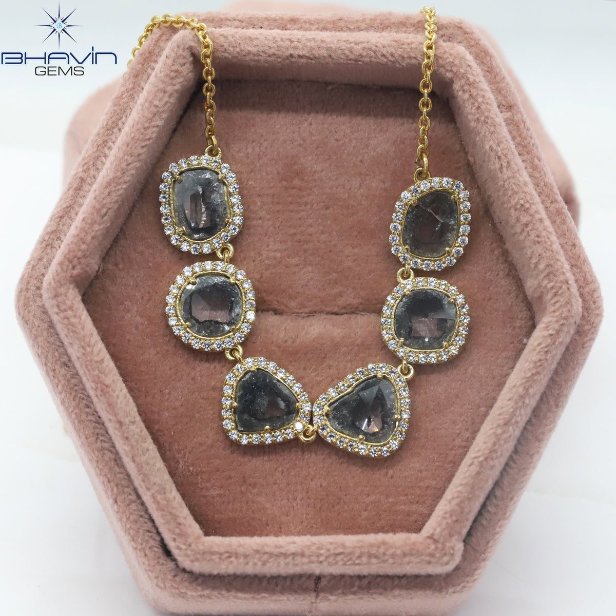 Slice Rose Cut Diamond Pendant, Salt And Pepper Diamond, Yellow Gold Pendant, Bridal Necklace